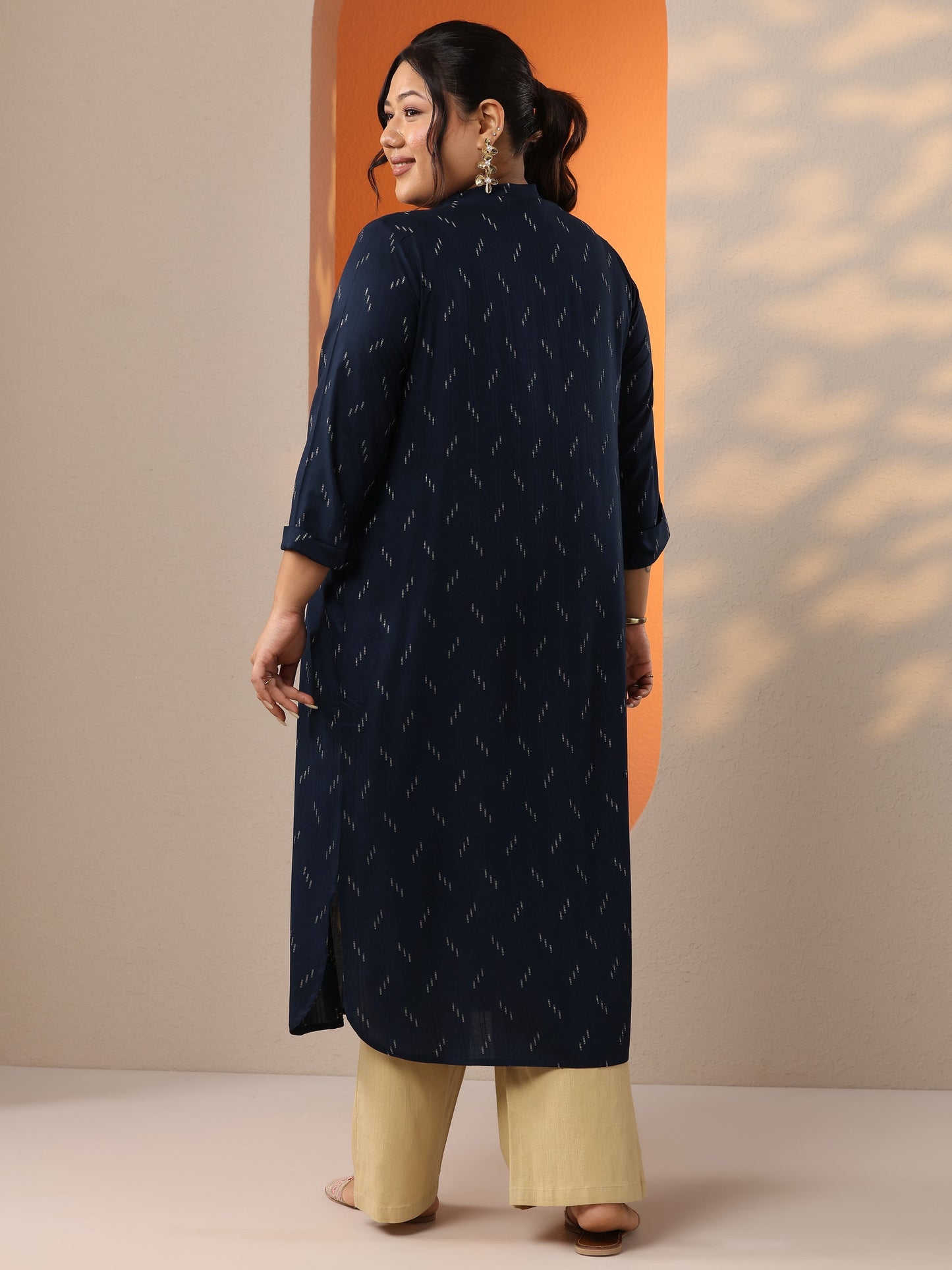 Plus Size Blue Woven Design Rayon Straight Kurta