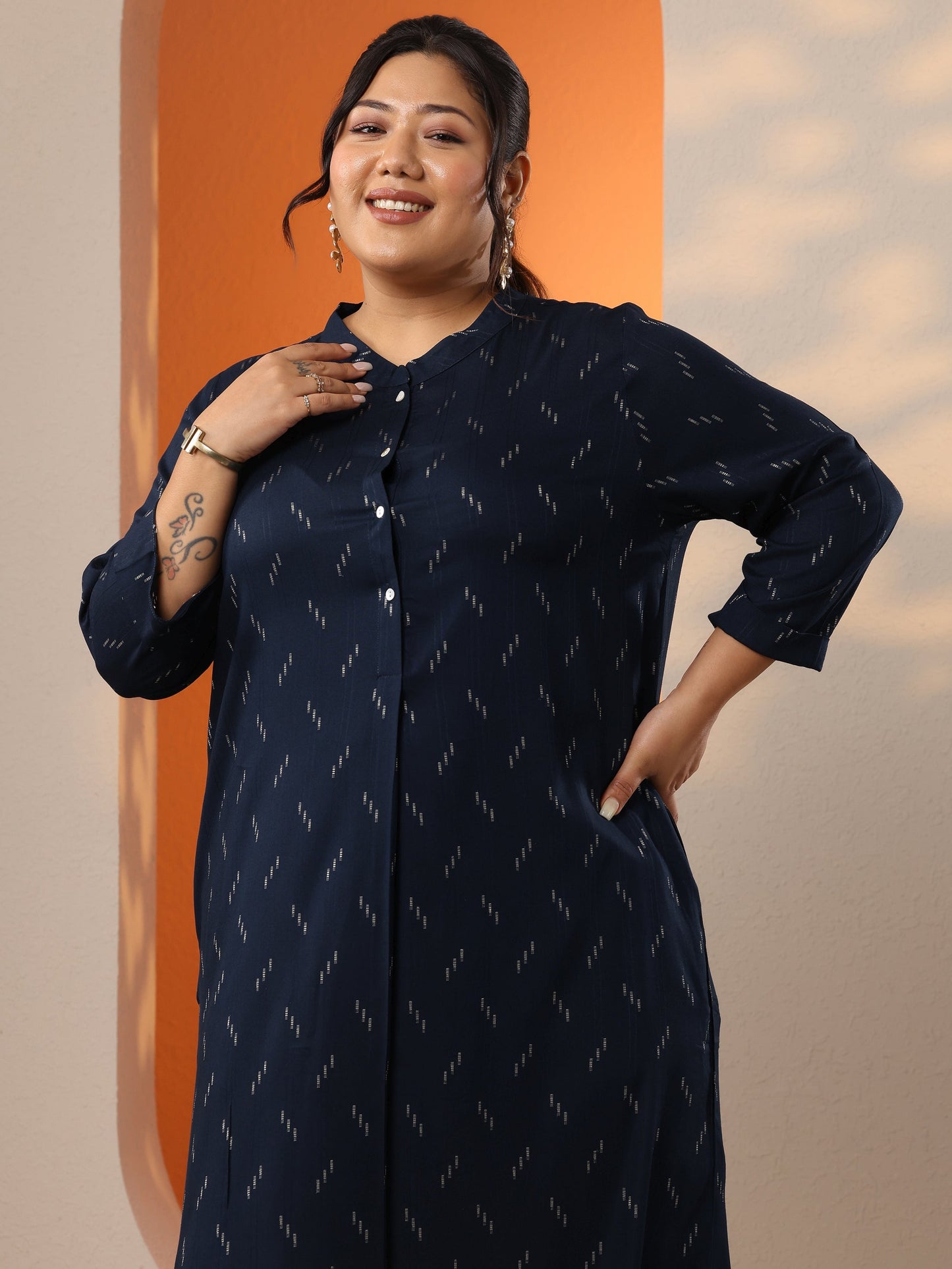 Plus Size Blue Woven Design Rayon Straight Kurta