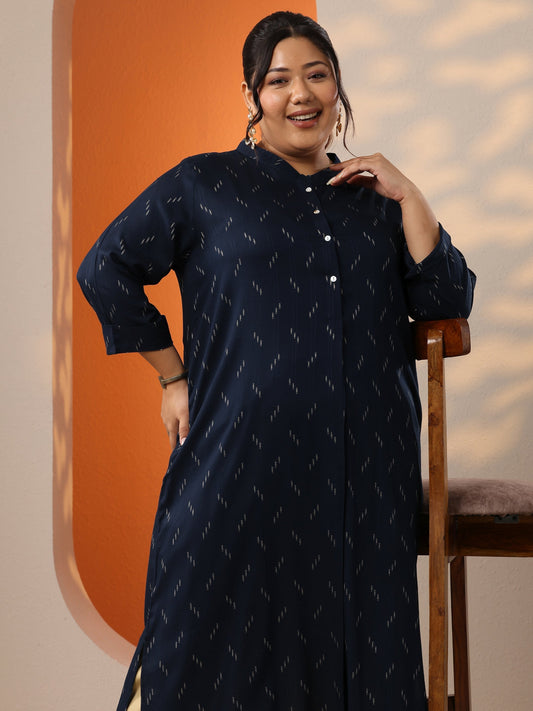 Plus Size Blue Woven Design Rayon Straight Kurta