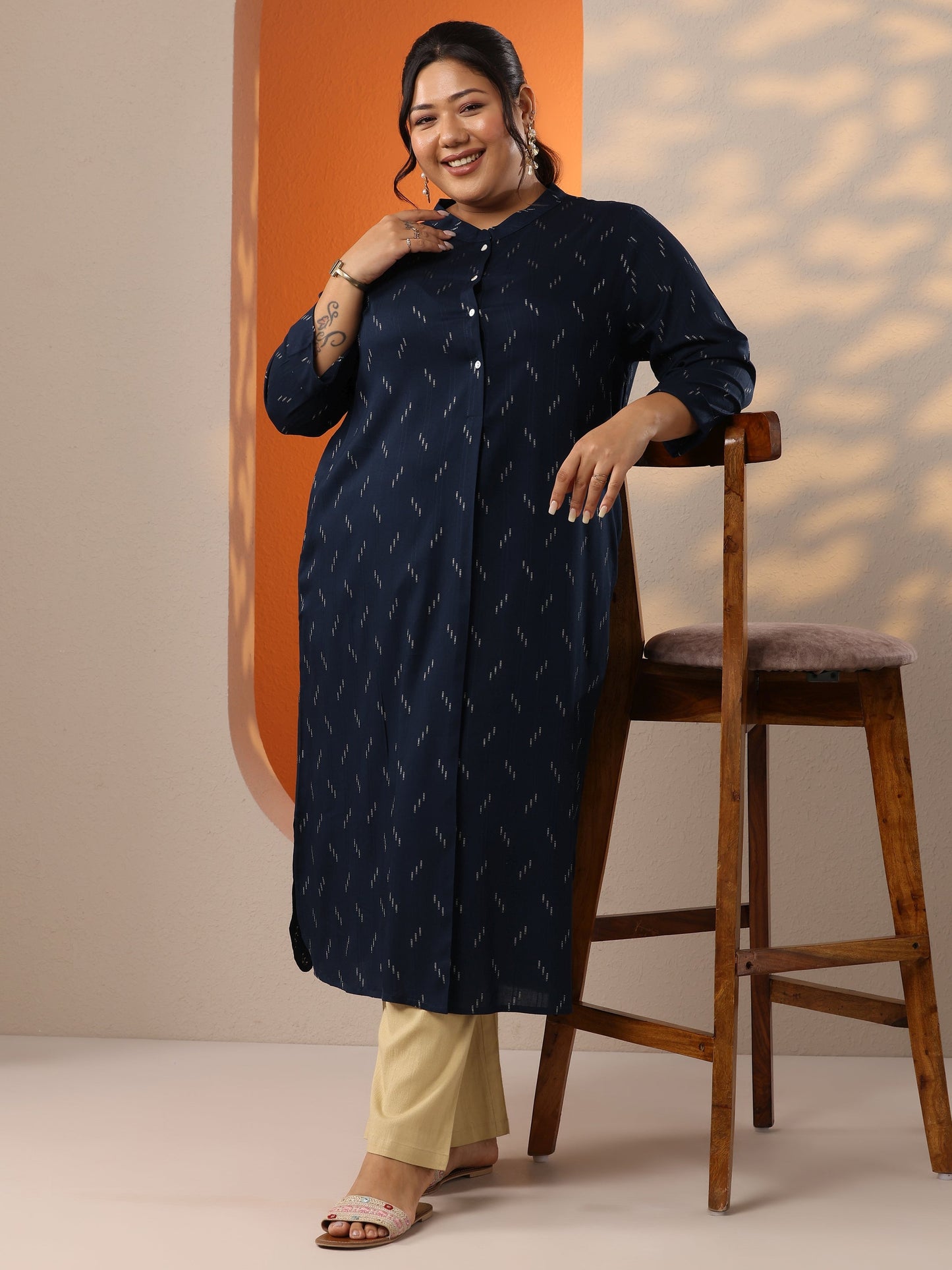 Plus Size Blue Woven Design Rayon Straight Kurta