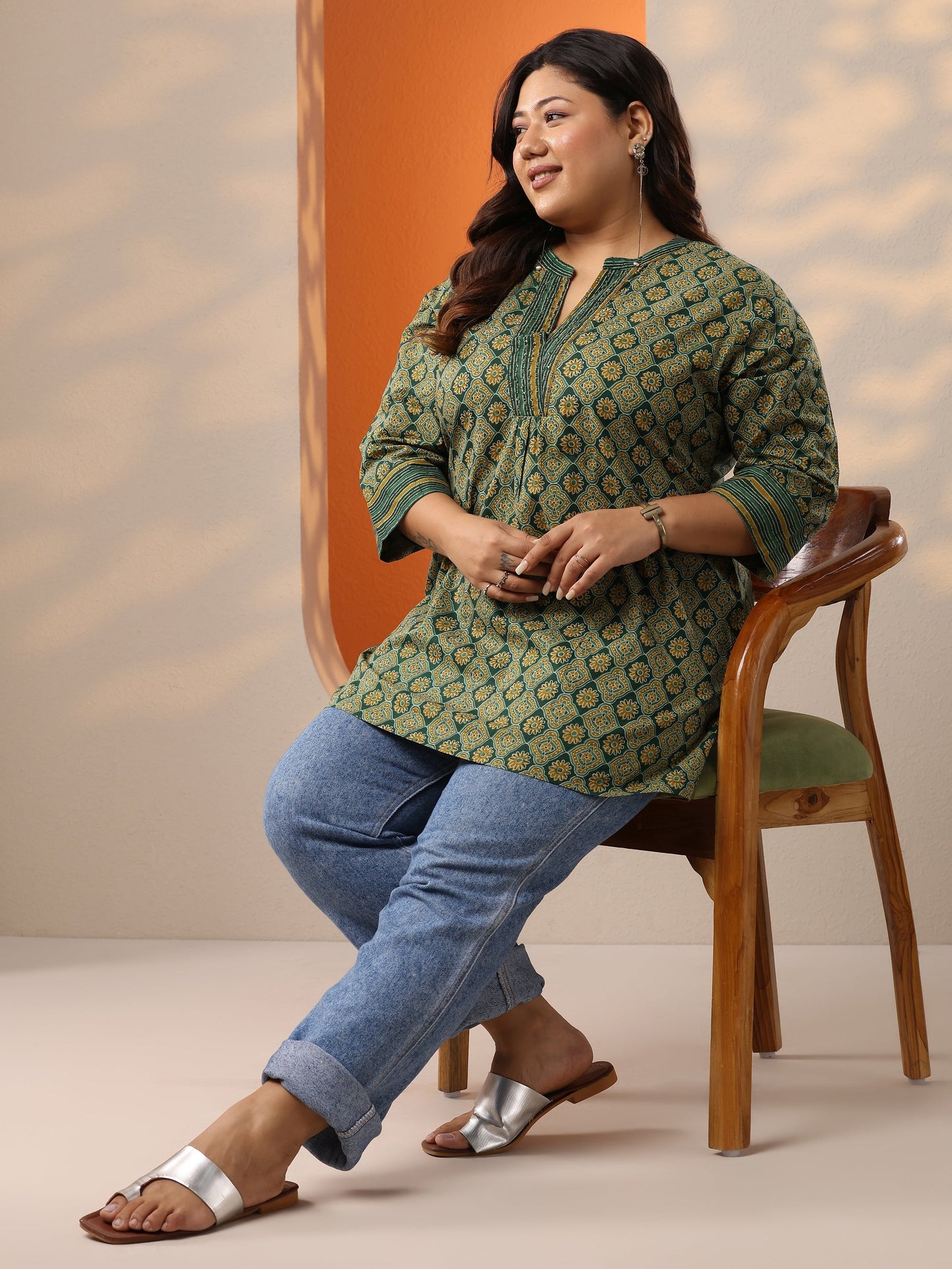 Plus Size Green Printed Cotton Straight Short Kurti