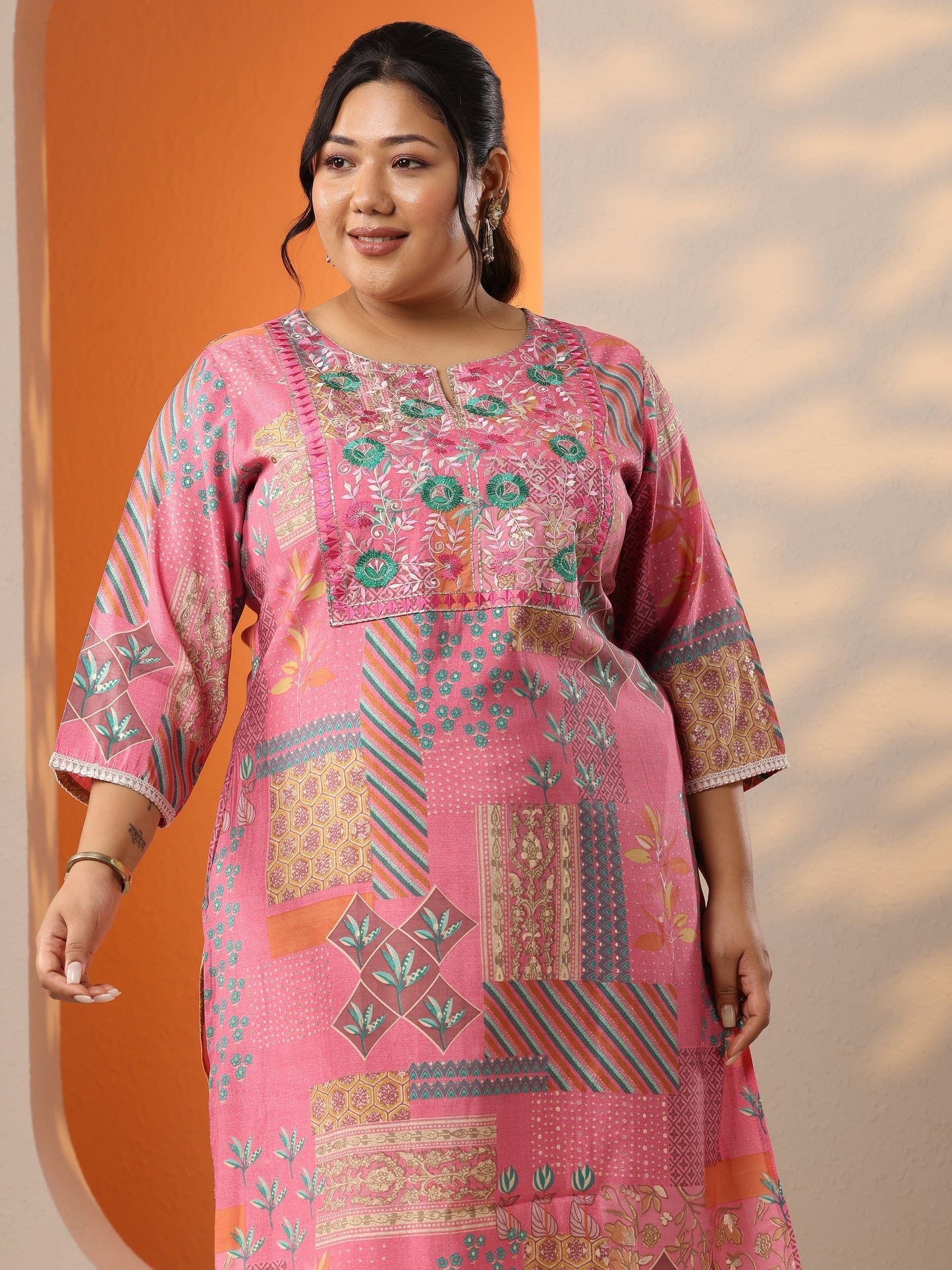 Plus Size Pink Printed Silk Blend Straight Kurta
