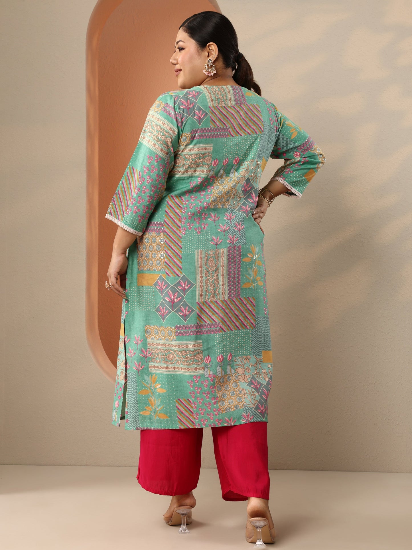 Plus Size Blue Embroidered Silk Blend Straight Kurta