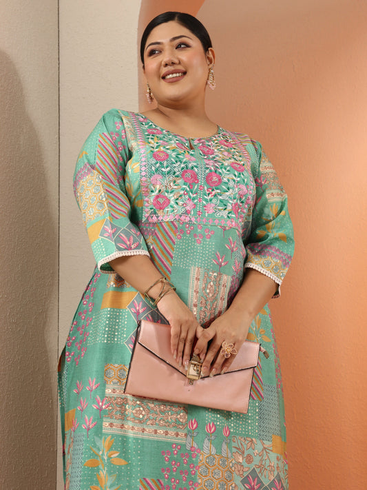 Plus Size Blue Embroidered Silk Blend Straight Kurta