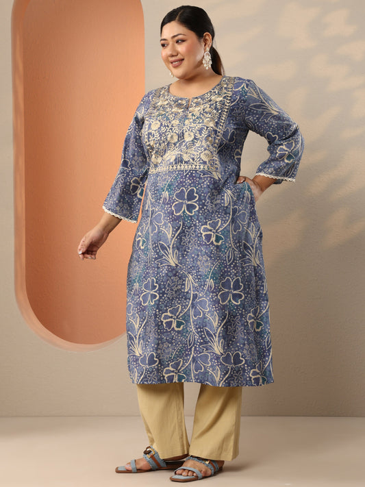 Plus Size Blue Embroidered Silk Blend Straight Kurta