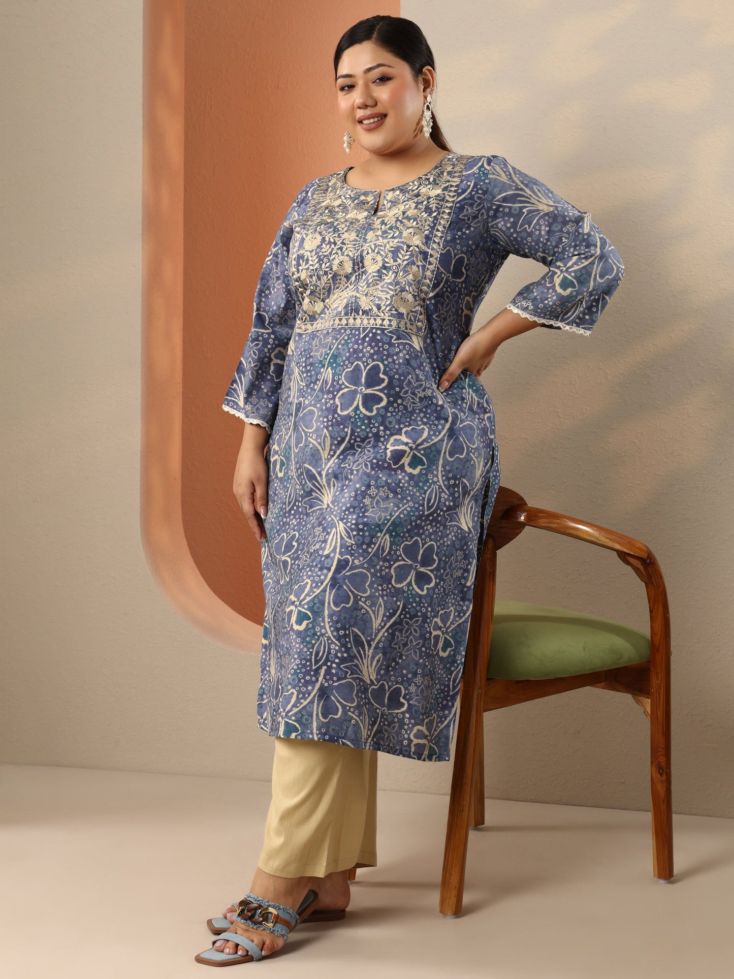 Plus Size Blue Embroidered Silk Blend Straight Kurta