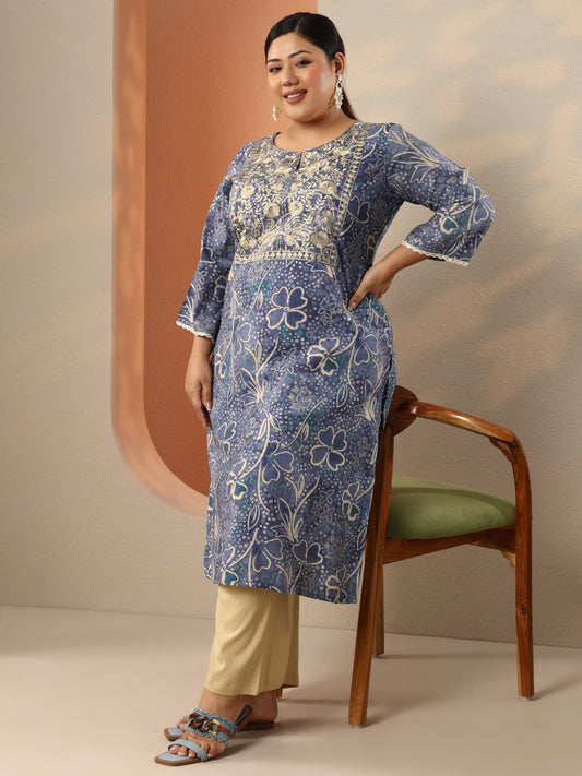 Plus Size Blue Embroidered Silk Blend Straight Kurta