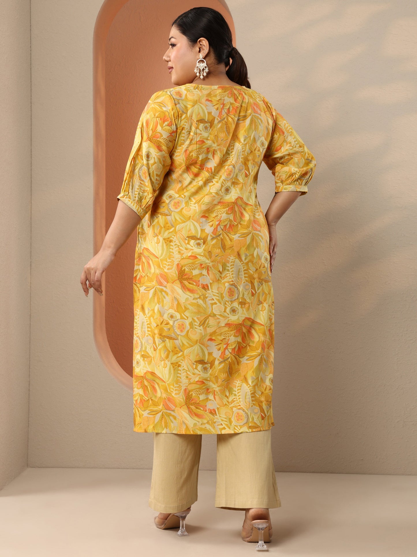 Plus Size Mustard Printed Silk Blend Straight Kurta