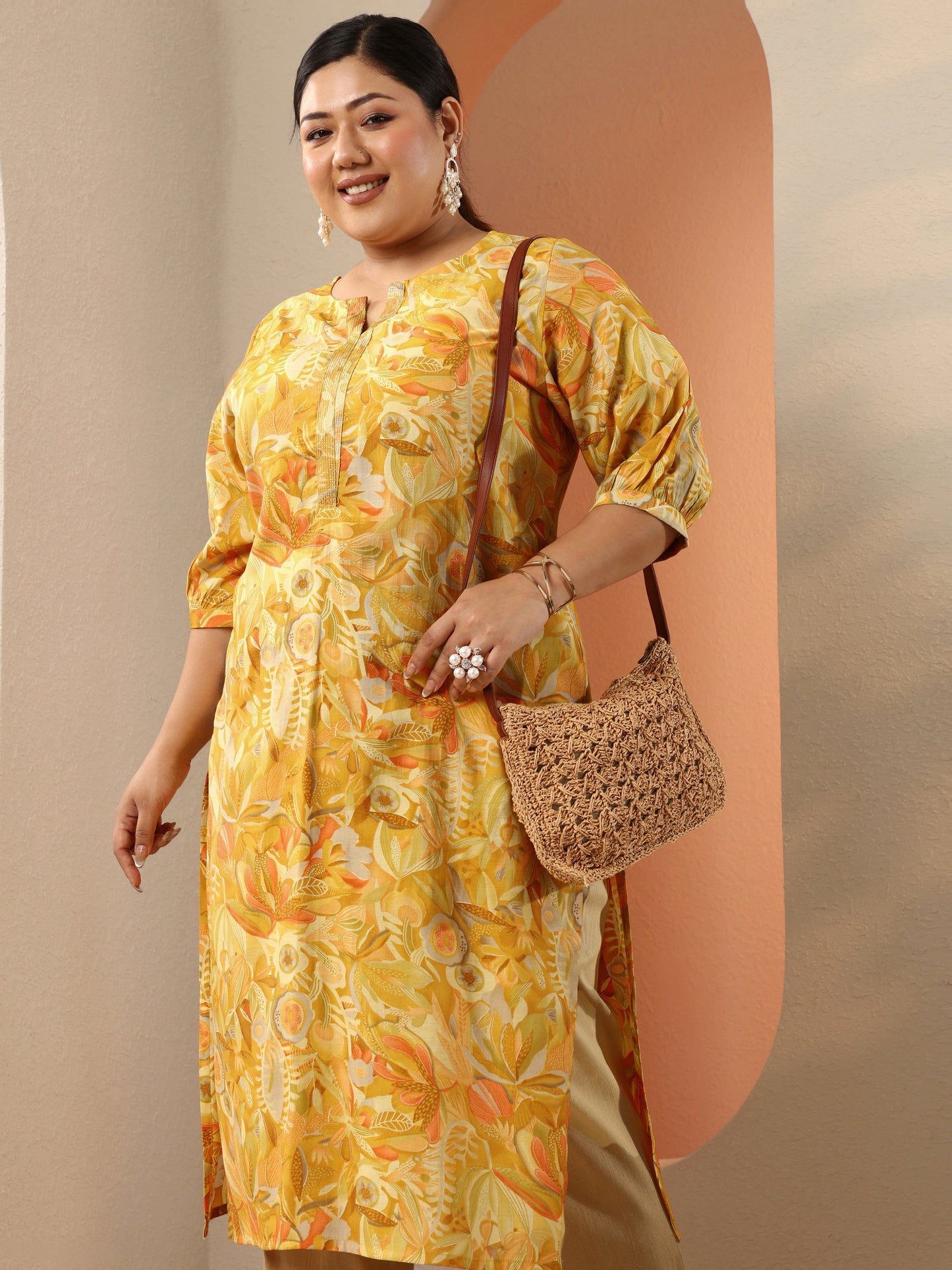 Plus Size Mustard Printed Silk Blend Straight Kurta