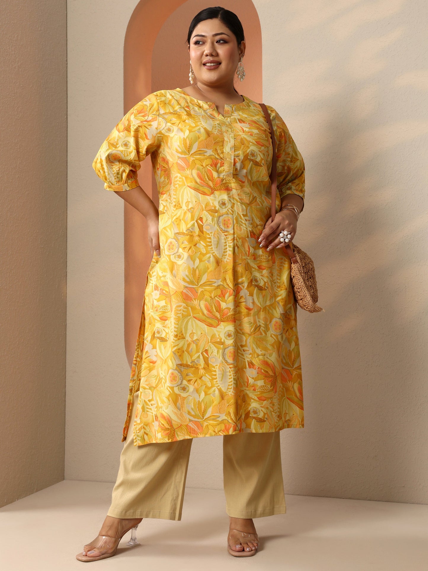 Plus Size Mustard Printed Silk Blend Straight Kurta