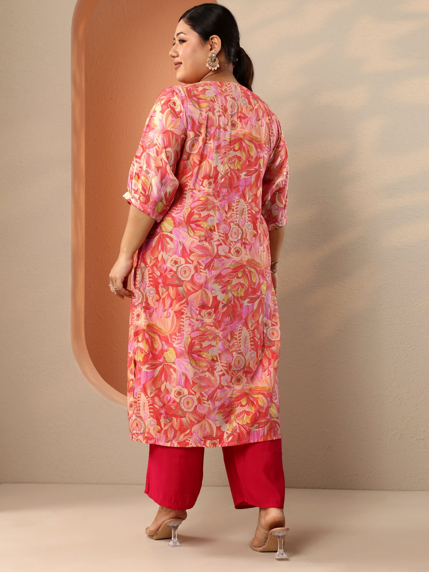 Plus Size Peach Printed Silk Blend Straight Kurta