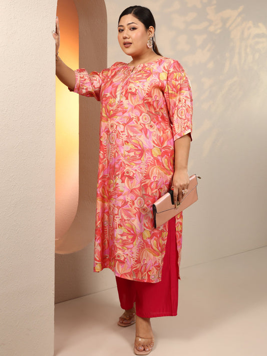 Plus Size Peach Printed Silk Blend Straight Kurta