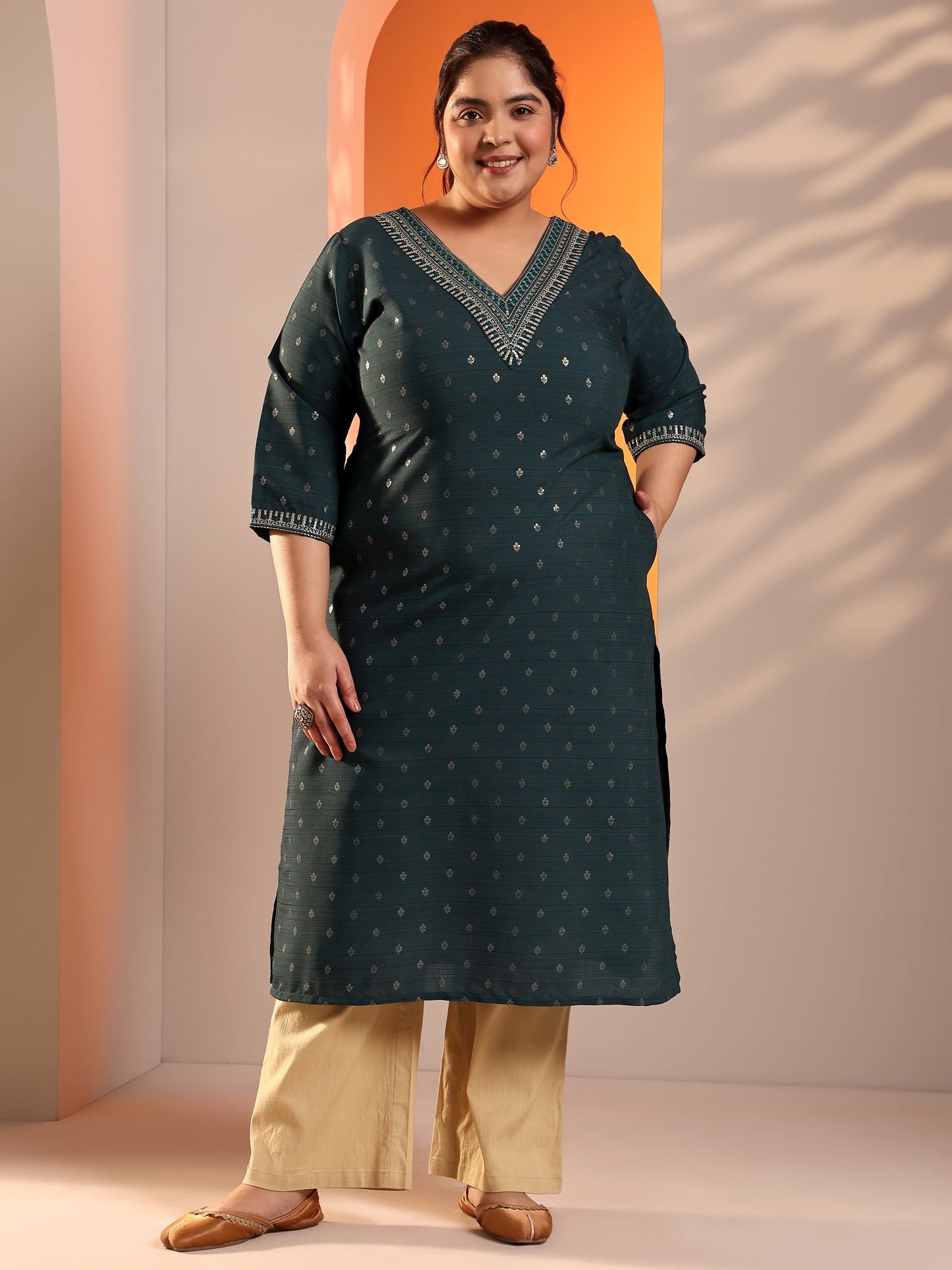 Plus Size Teal Woven Design Silk Blend Straight Kurta
