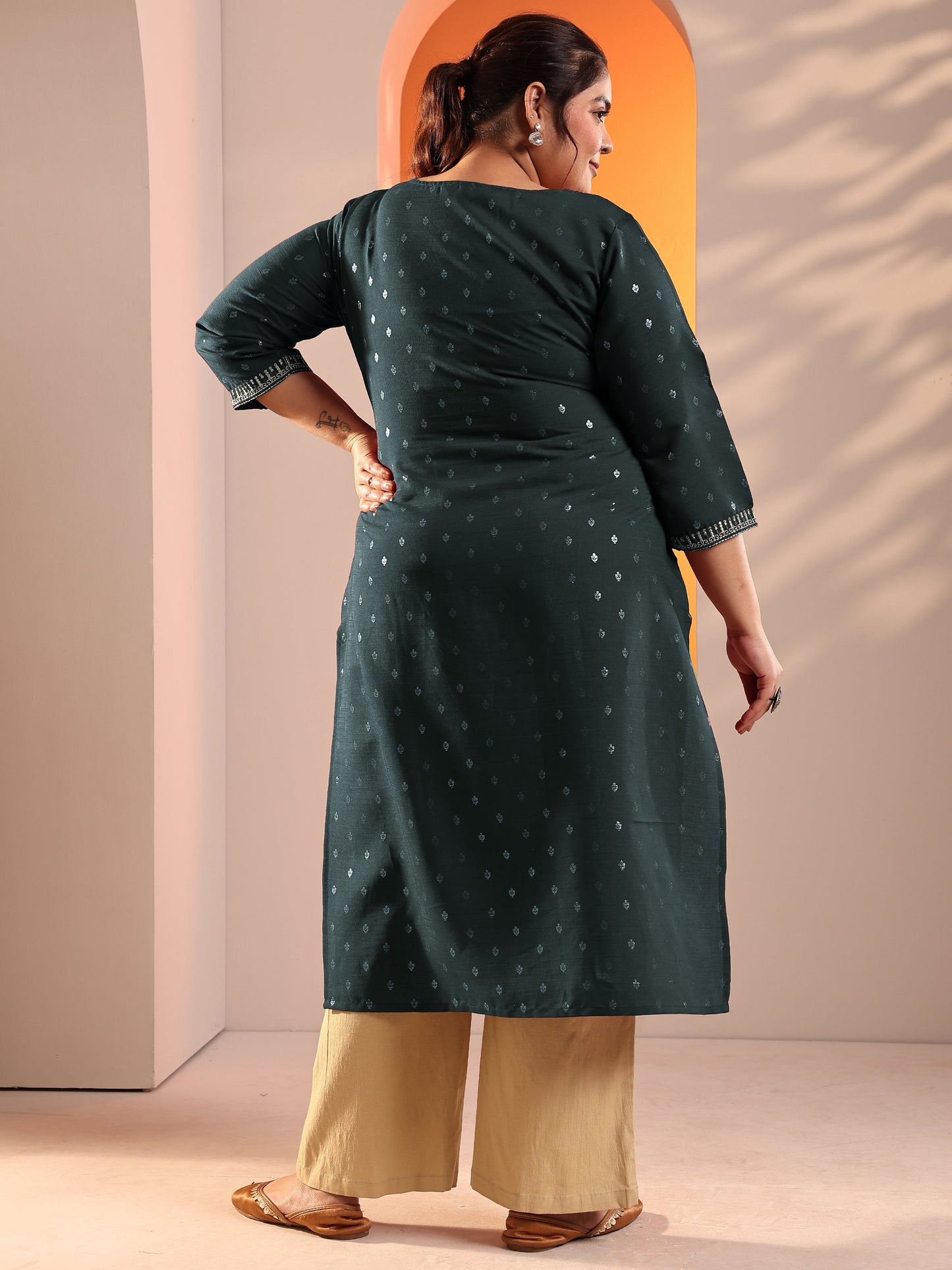 Plus Size Teal Woven Design Silk Blend Straight Kurta
