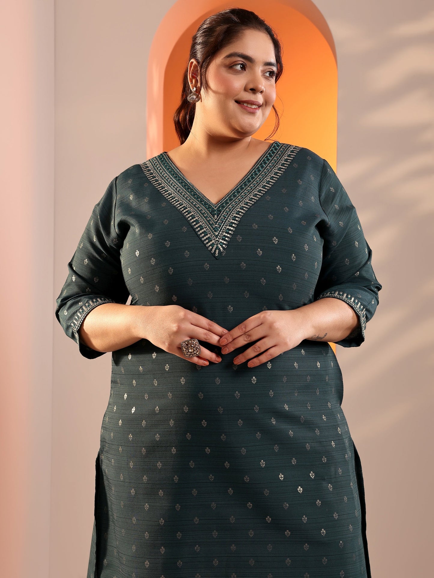 Plus Size Teal Woven Design Silk Blend Straight Kurta