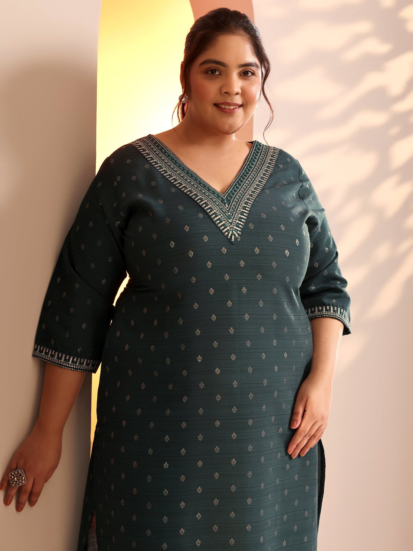 Plus Size Teal Woven Design Silk Blend Straight Kurta