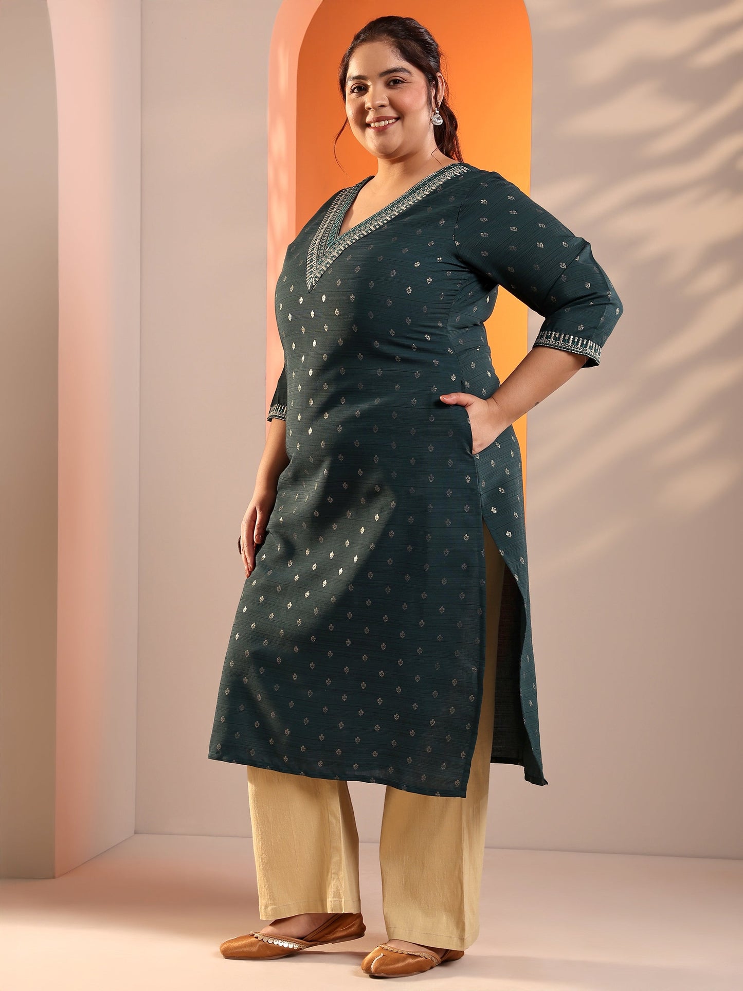 Plus Size Teal Woven Design Silk Blend Straight Kurta