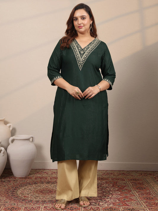 Plus Size Green Embellished Rayon Straight Kurta