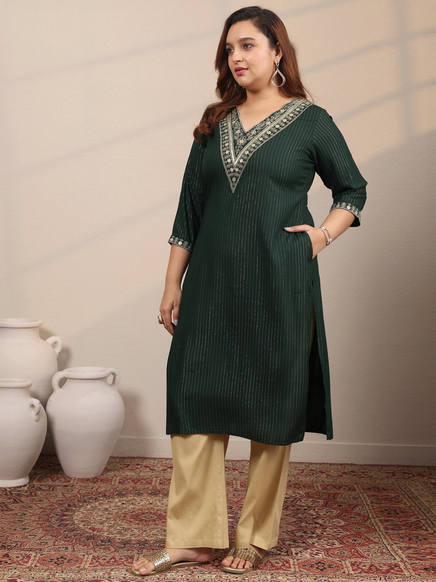 Plus Size Green Embellished Rayon Straight Kurta