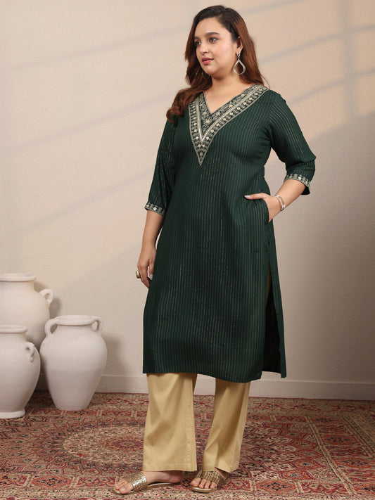 Plus Size Green Embellished Rayon Straight Kurta