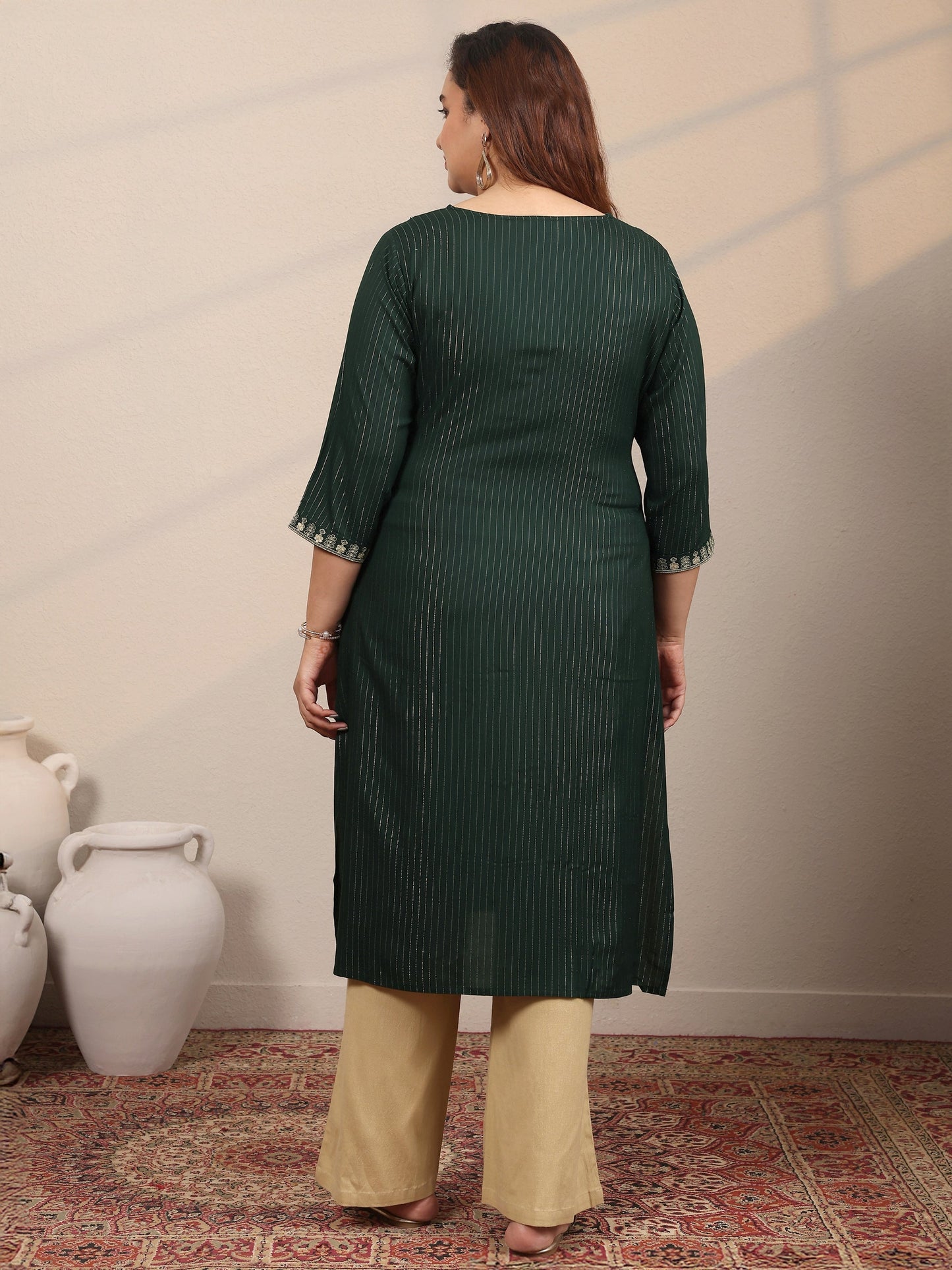 Plus Size Green Embellished Rayon Straight Kurta