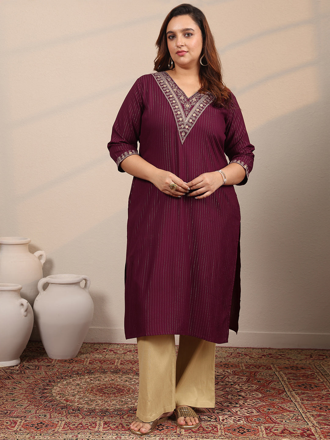Plus Size Burgundy Embellished Rayon Straight Kurta