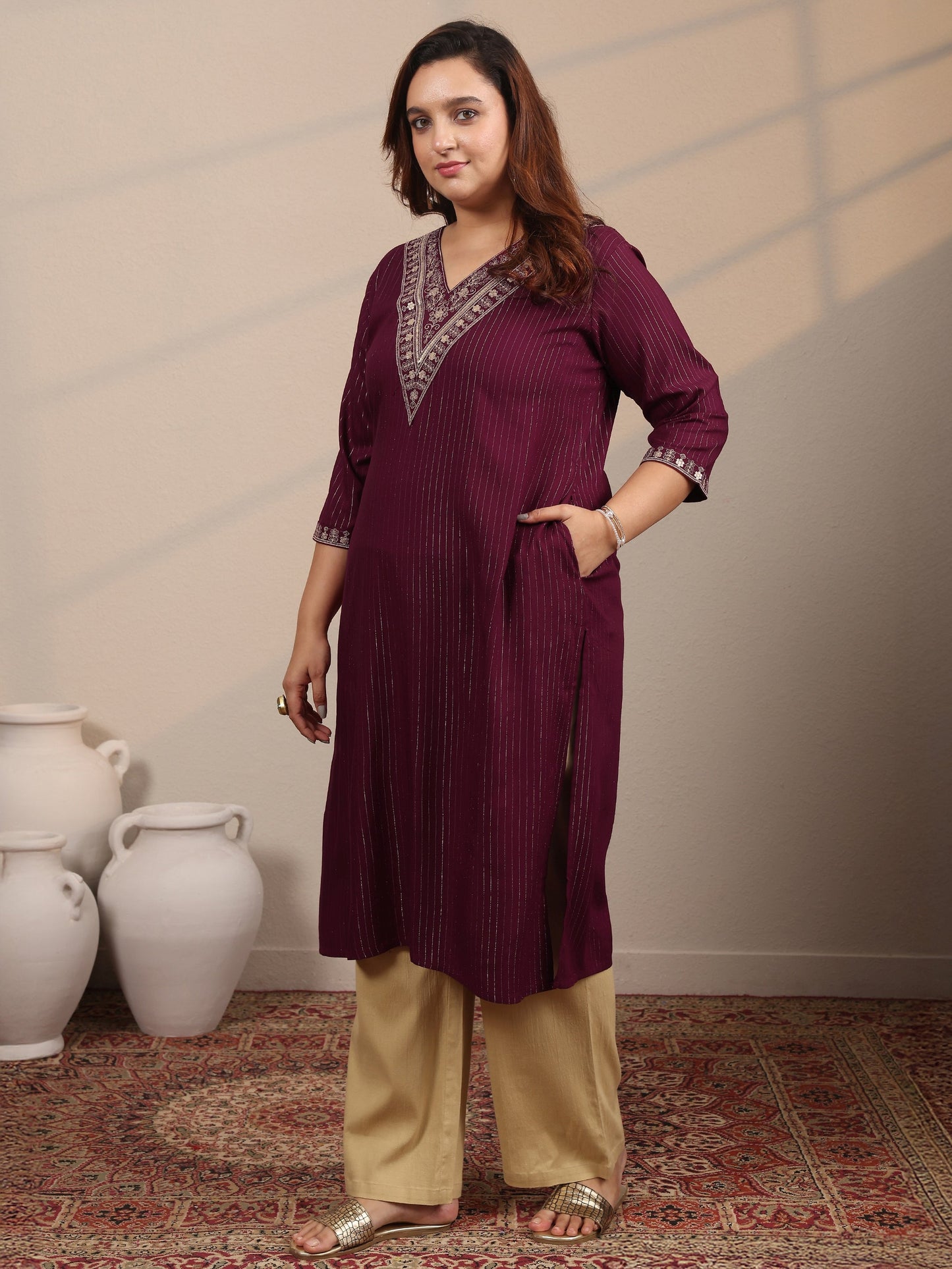Plus Size Burgundy Embellished Rayon Straight Kurta
