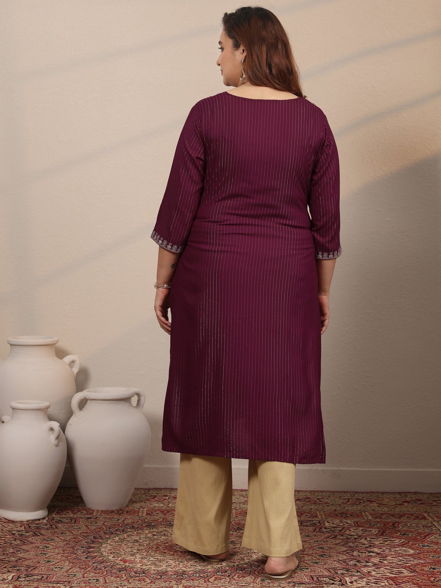 Plus Size Burgundy Embellished Rayon Straight Kurta