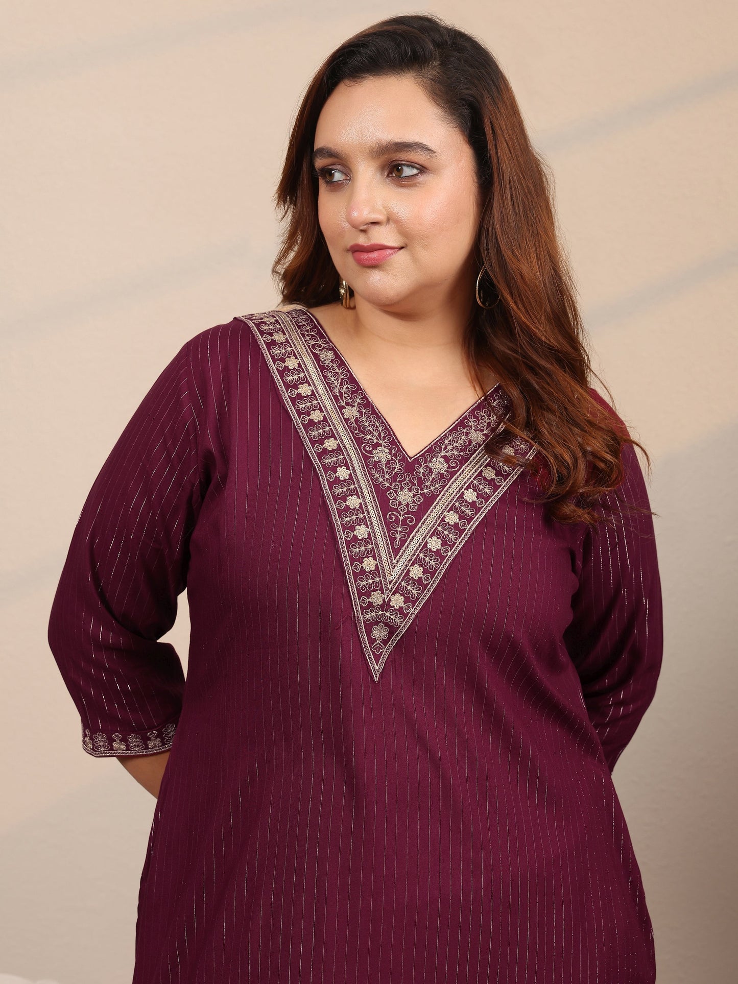 Plus Size Burgundy Embellished Rayon Straight Kurta