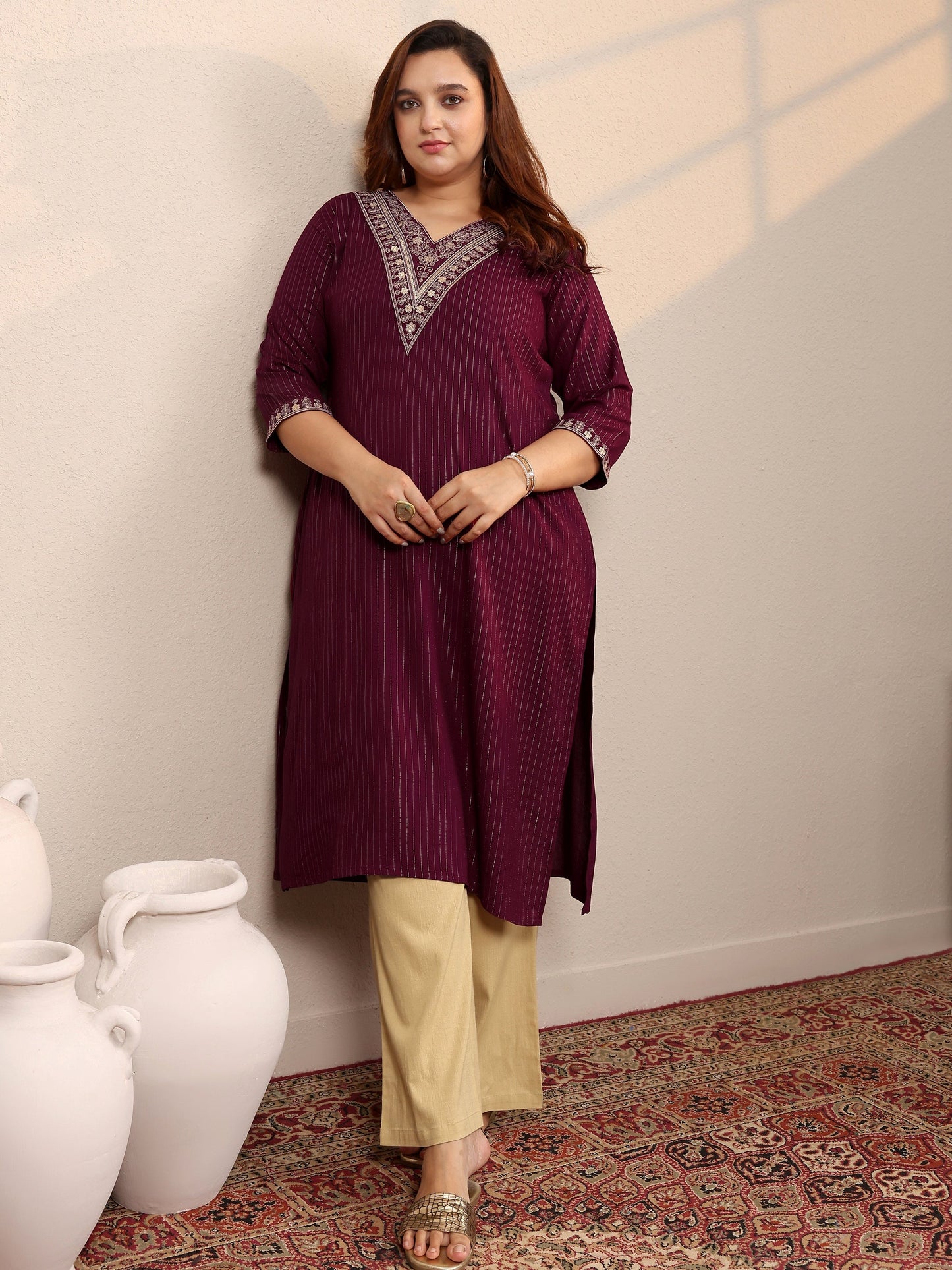 Plus Size Burgundy Embellished Rayon Straight Kurta