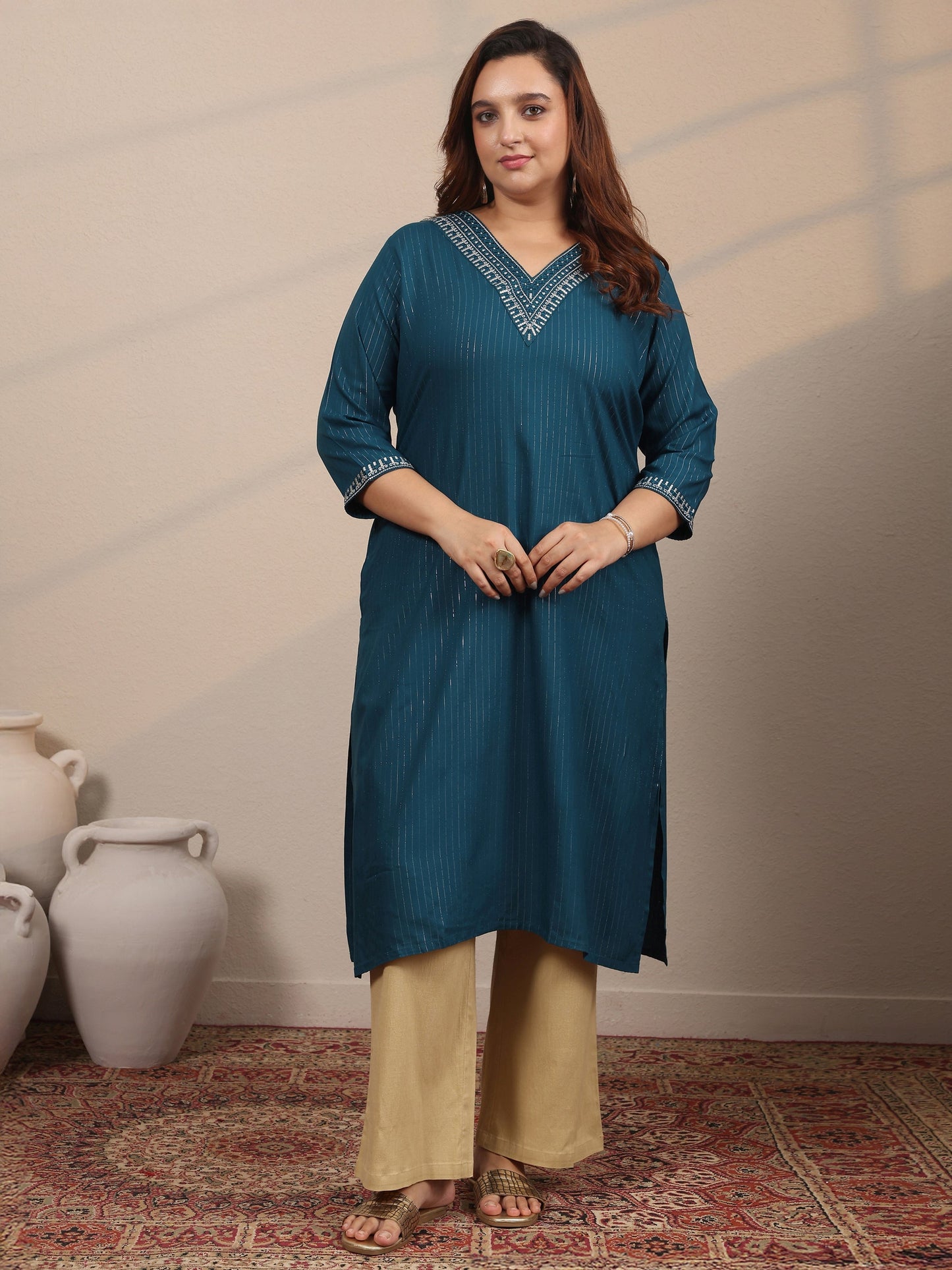 Plus Size Teal Embellished Rayon Straight Kurta