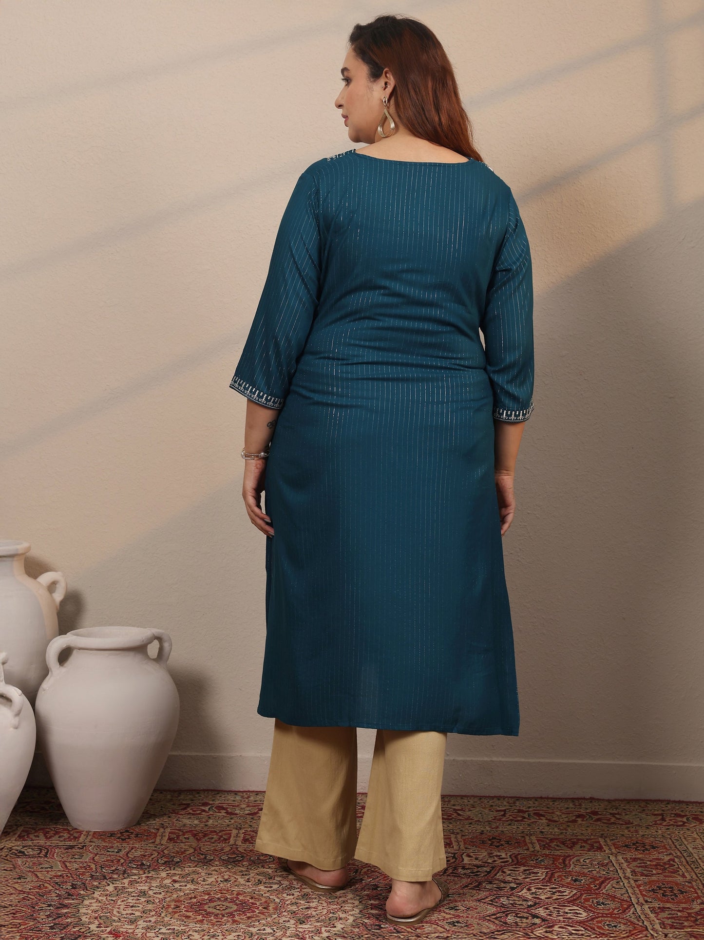 Plus Size Teal Embellished Rayon Straight Kurta