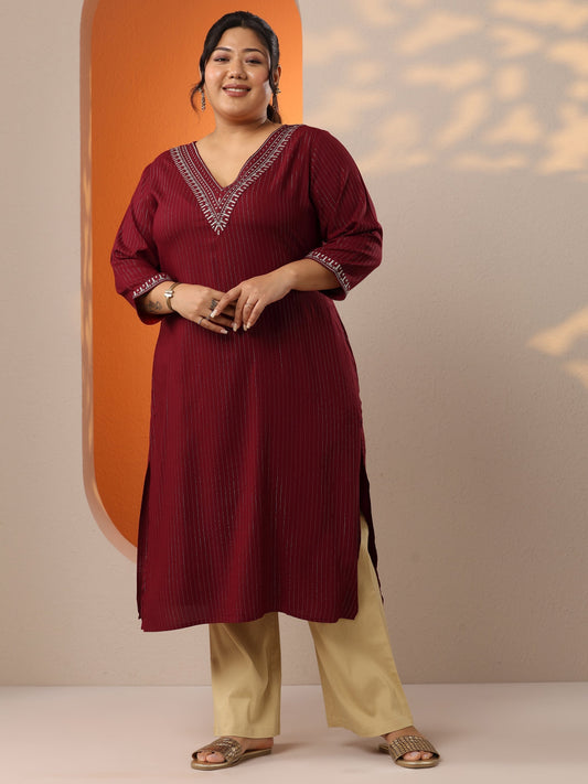 Plus Size Red Embellished Rayon Straight Kurta