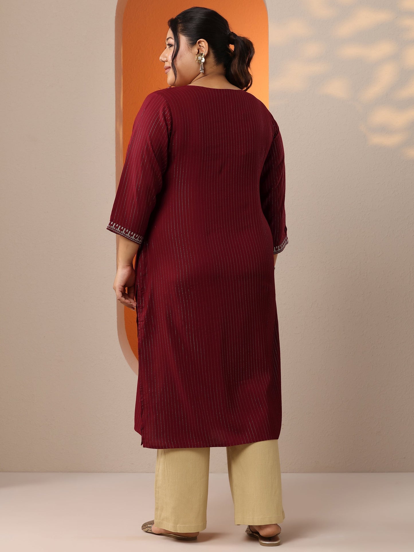 Plus Size Red Embellished Rayon Straight Kurta