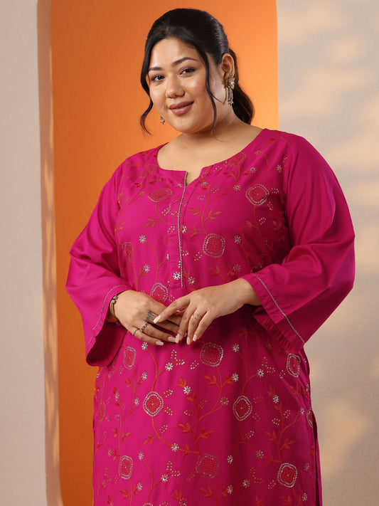 Plus Size Pink Embroidered Rayon Straight Kurta