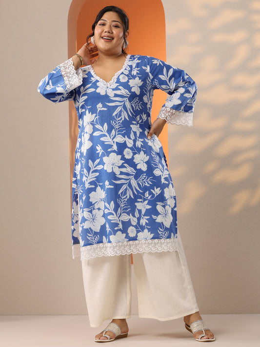 Plus Size Blue Embroidered Cotton Straight Kurta