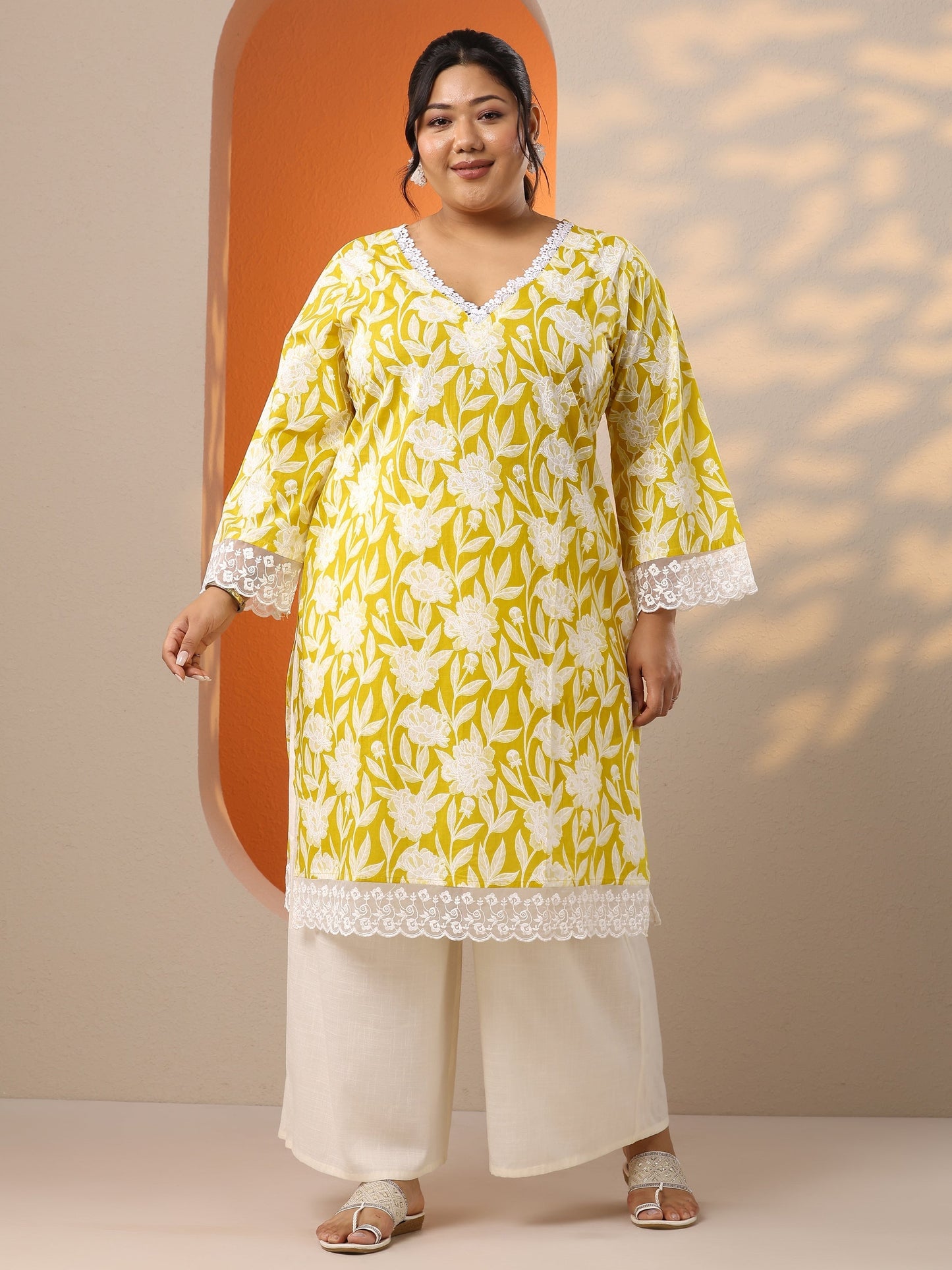 Plus Size Yellow Embroidered Cotton Straight Kurta