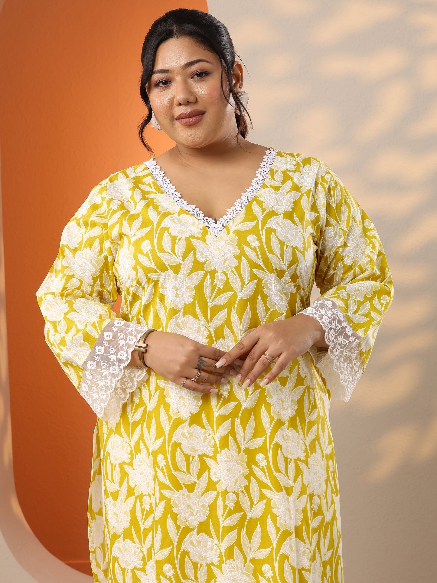 Plus Size Yellow Embroidered Cotton Straight Kurta