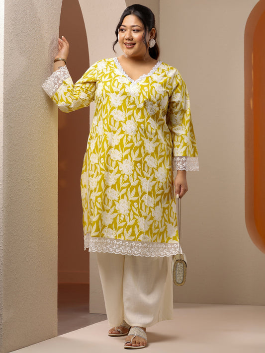 Plus Size Yellow Embroidered Cotton Straight Kurta