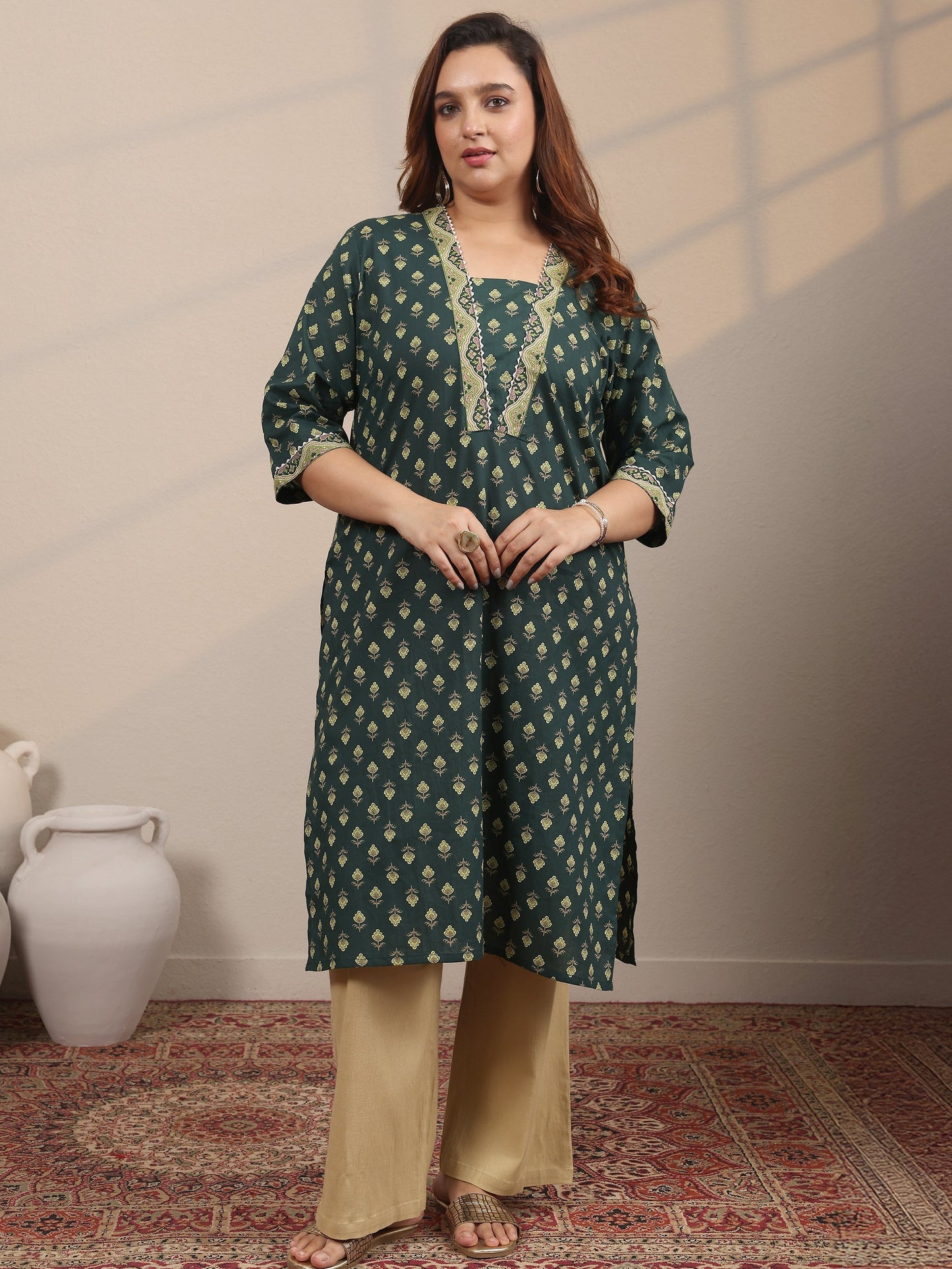 Plus Size Green Printed Cotton Straight Kurta