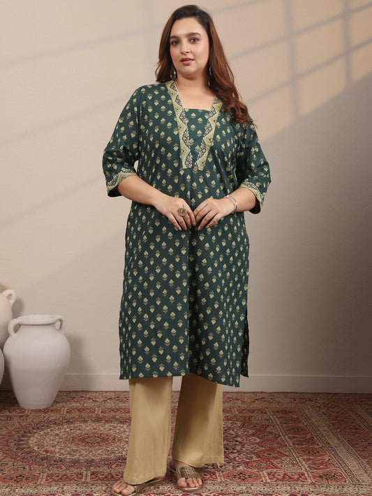 Plus Size Green Printed Cotton Straight Kurta