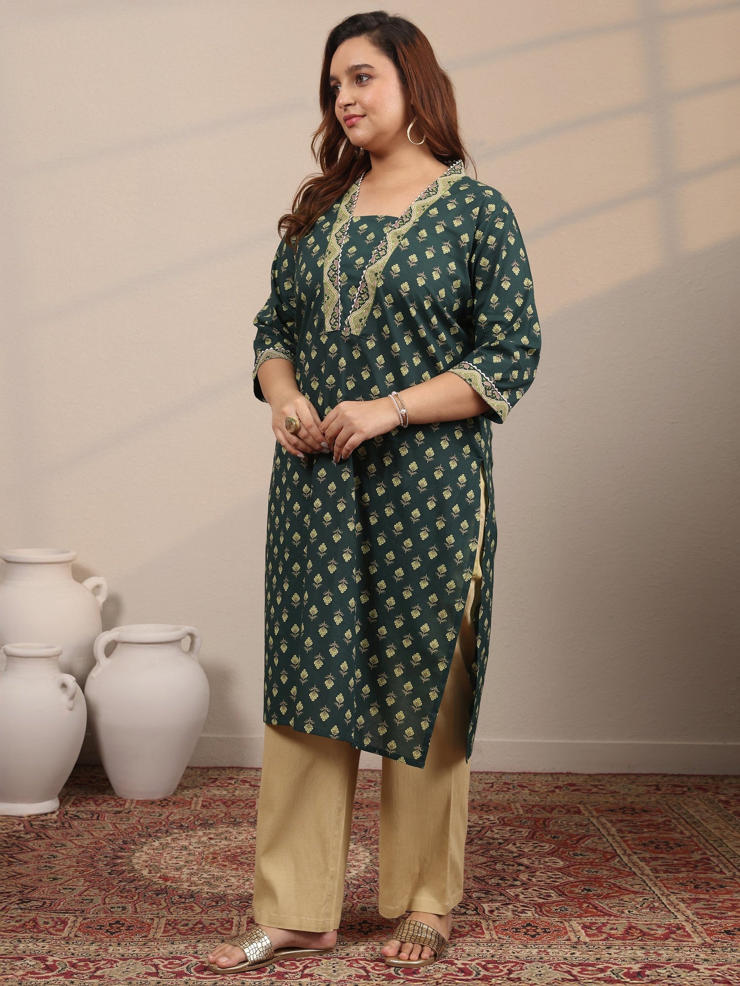 Plus Size Green Printed Cotton Straight Kurta