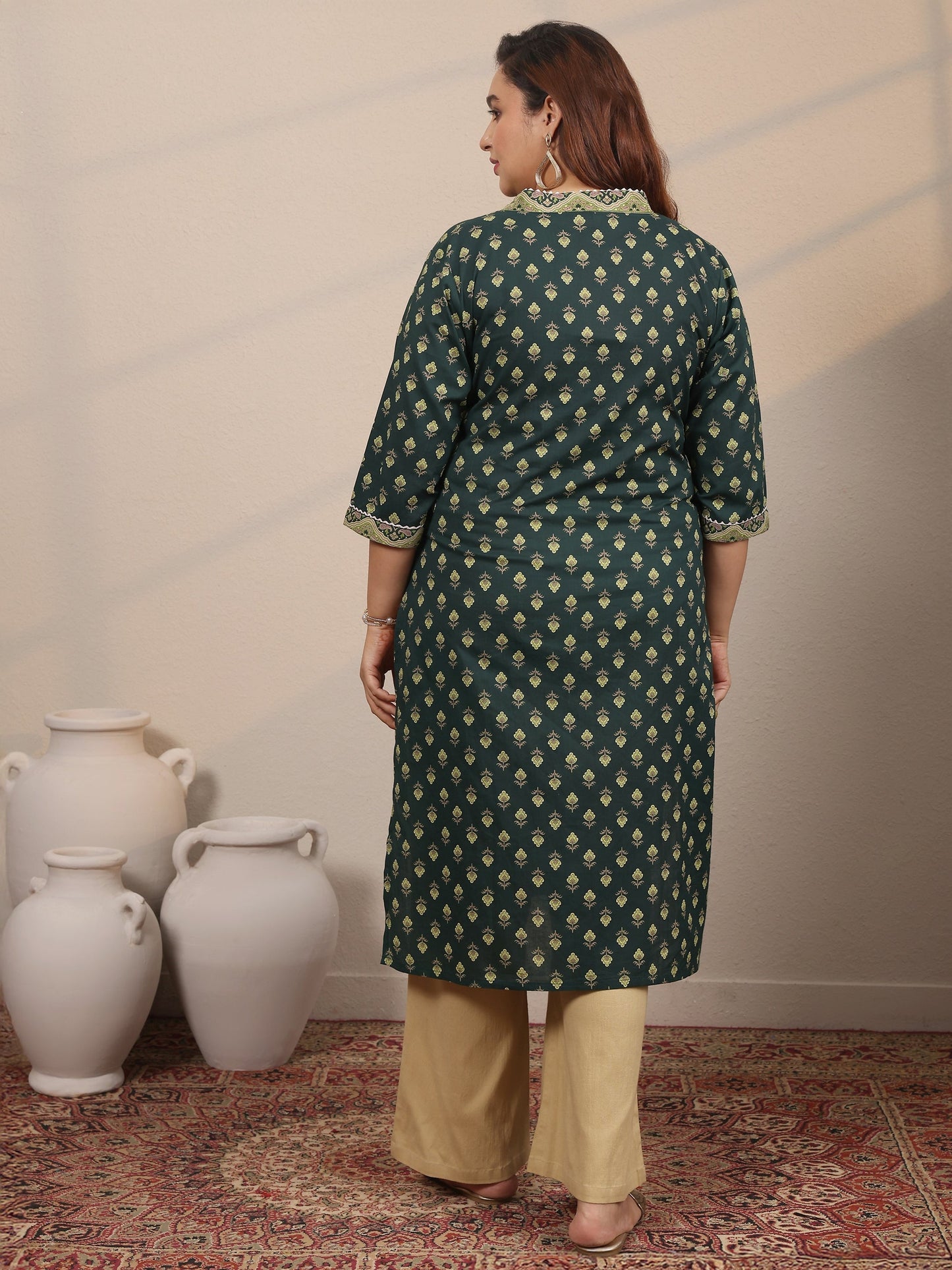 Plus Size Green Printed Cotton Straight Kurta