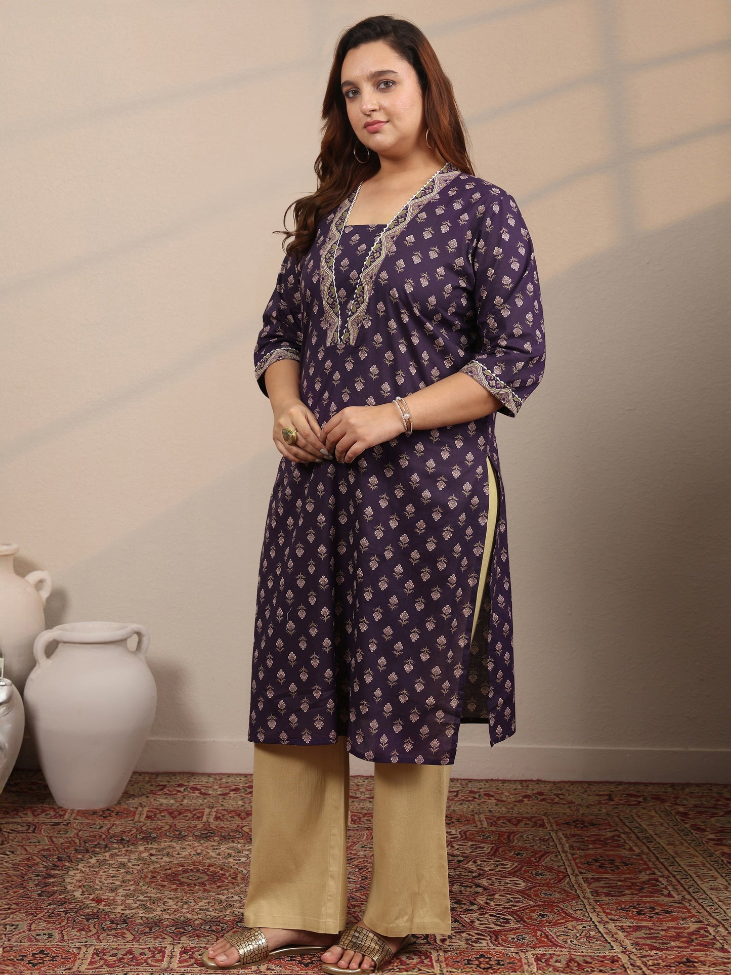 Plus Size Purple Printed Cotton Straight Kurta