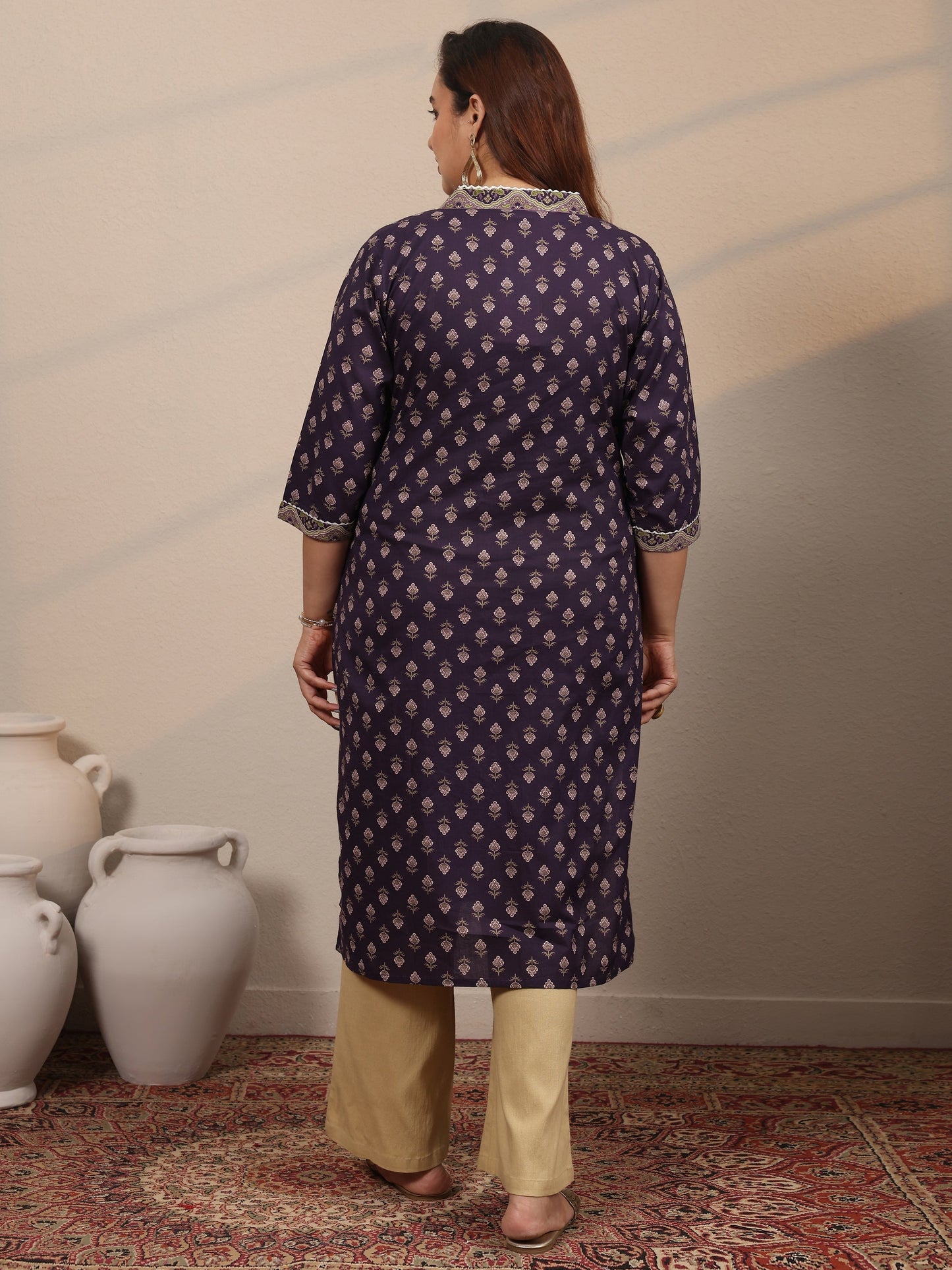 Plus Size Purple Printed Cotton Straight Kurta