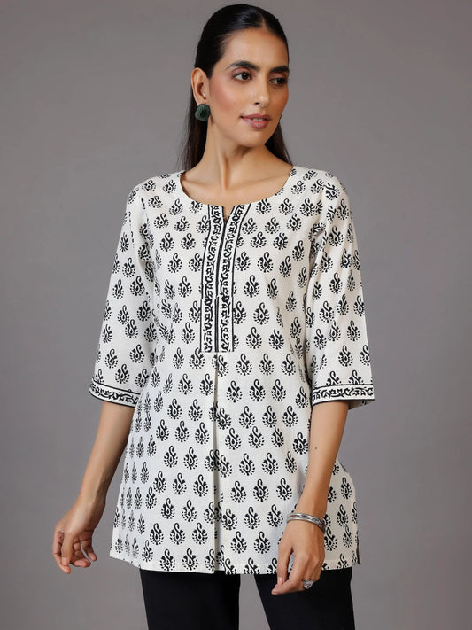 White Printed Cotton Straight Kurti