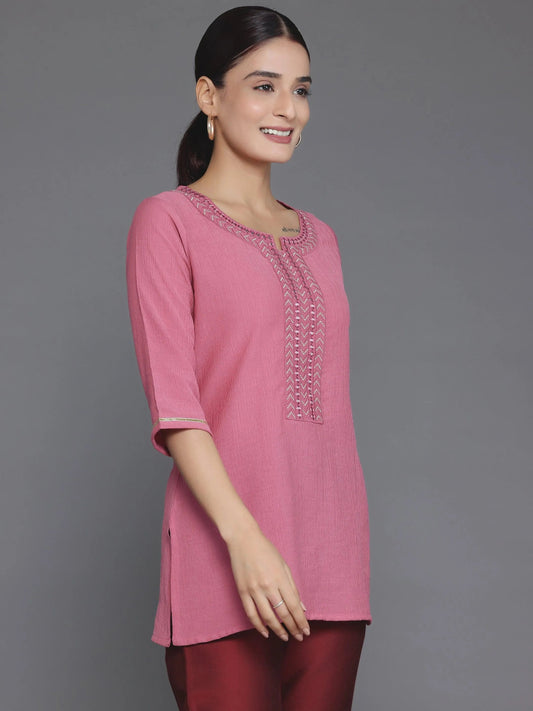 Pink Woven Design Cotton Blend Straight Kurti