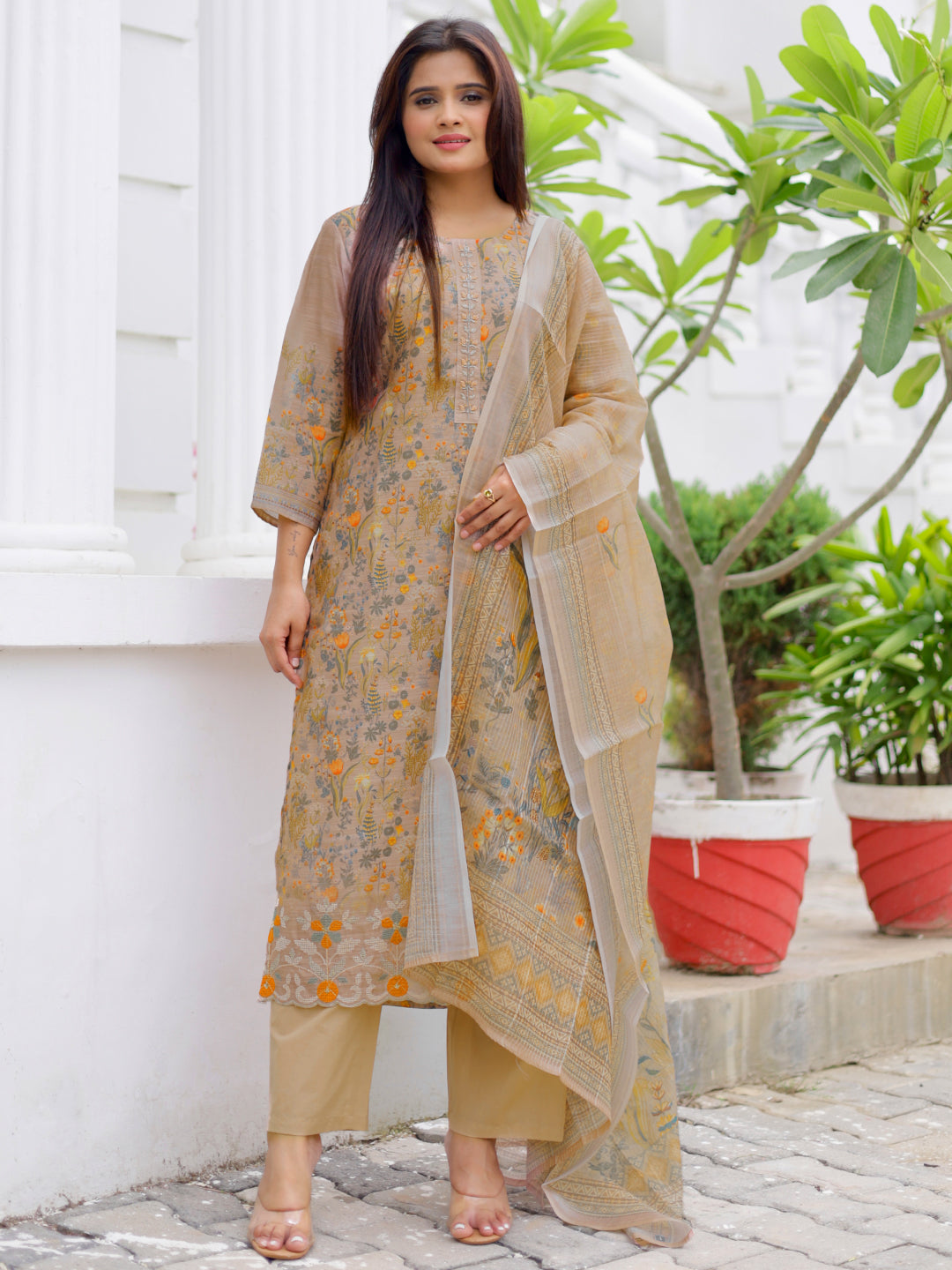 Tan Printed Chanderi Silk Straight Suit With Dupatta