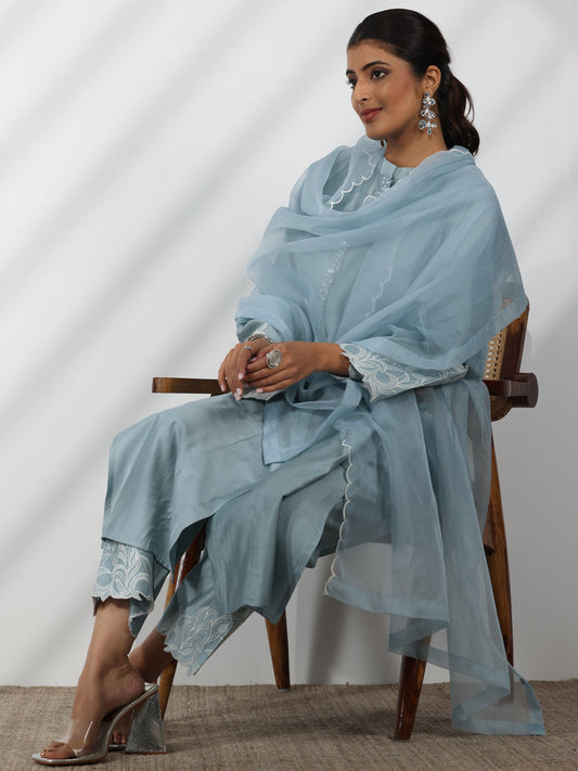 Blue Solid Silk Blend Straight Suit With Dupatta