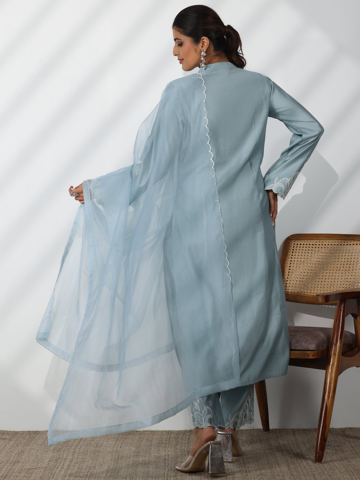 Blue Solid Silk Blend Straight Suit With Dupatta